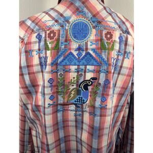 Michael Ryan Plaid Embroidered Western Top Check Bird Blouse Snap Buttons XL